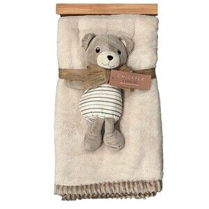 Chick Pea Teddy Bear Animal Plush Stripes Baby Blanket Set Beige Ribbed Trim New